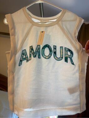Anthropologie White Tank with Teal 'AMOUR' Appliqué